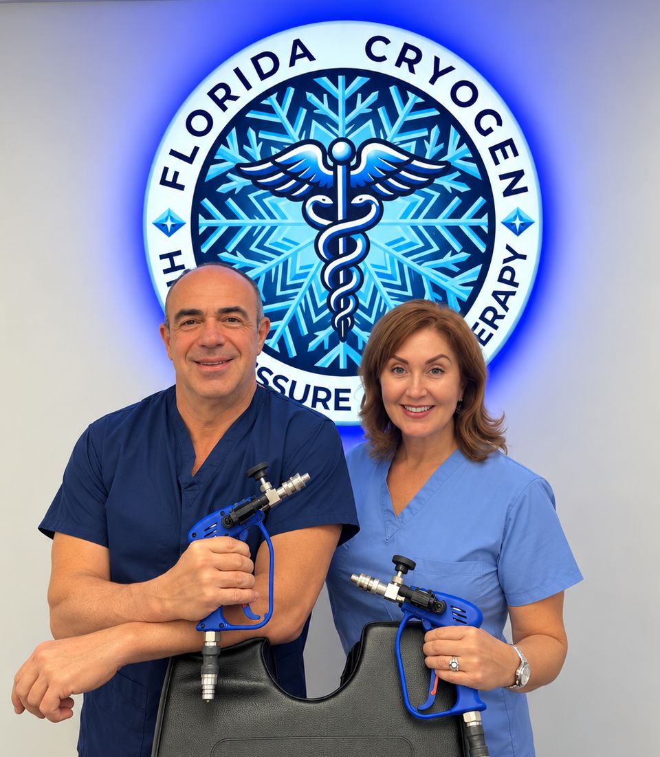 Robert and Victoria, co-founders of Florida Cryogen, in scrubs holding HPMC applicators in front of the Florida Cryogen sign