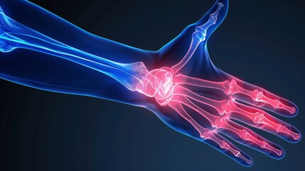 X-ray view of hand and wrist showing inflammation at joints